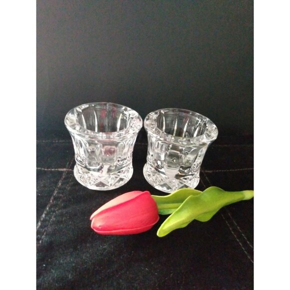 Pair Of 2 Lead Clear Crystal Candlestick Votive Candle Hokders - Picture 1 of 3